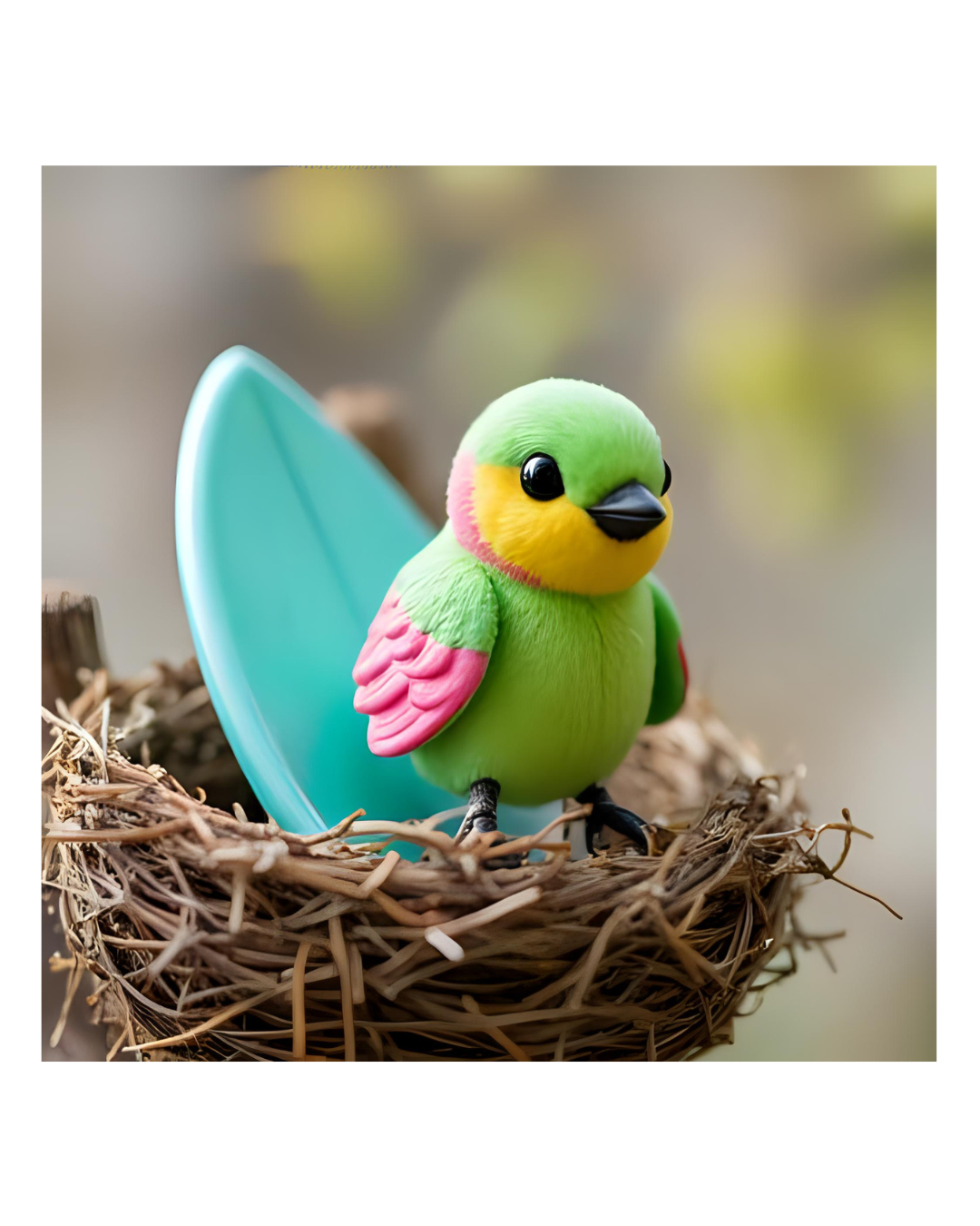 Ein kleiner grüner Vogel mit rosa Flügeln sitzt am Rande seines Nests in freudiger Erwartung bald losfliegen zu dürfen. Im Hintergrund liegt ein türkises Surfboard im Vogelnest.