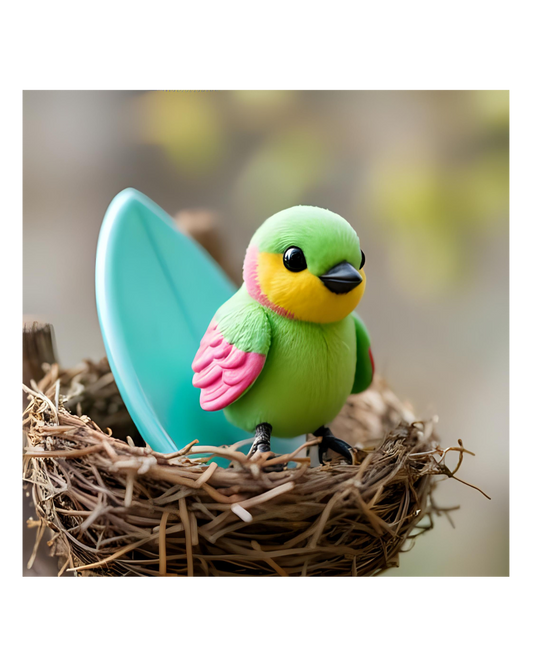 Ein kleiner grüner Vogel mit rosa Flügeln sitzt am Rande seines Nests in freudiger Erwartung bald losfliegen zu dürfen. Im Hintergrund liegt ein türkises Surfboard im Vogelnest.