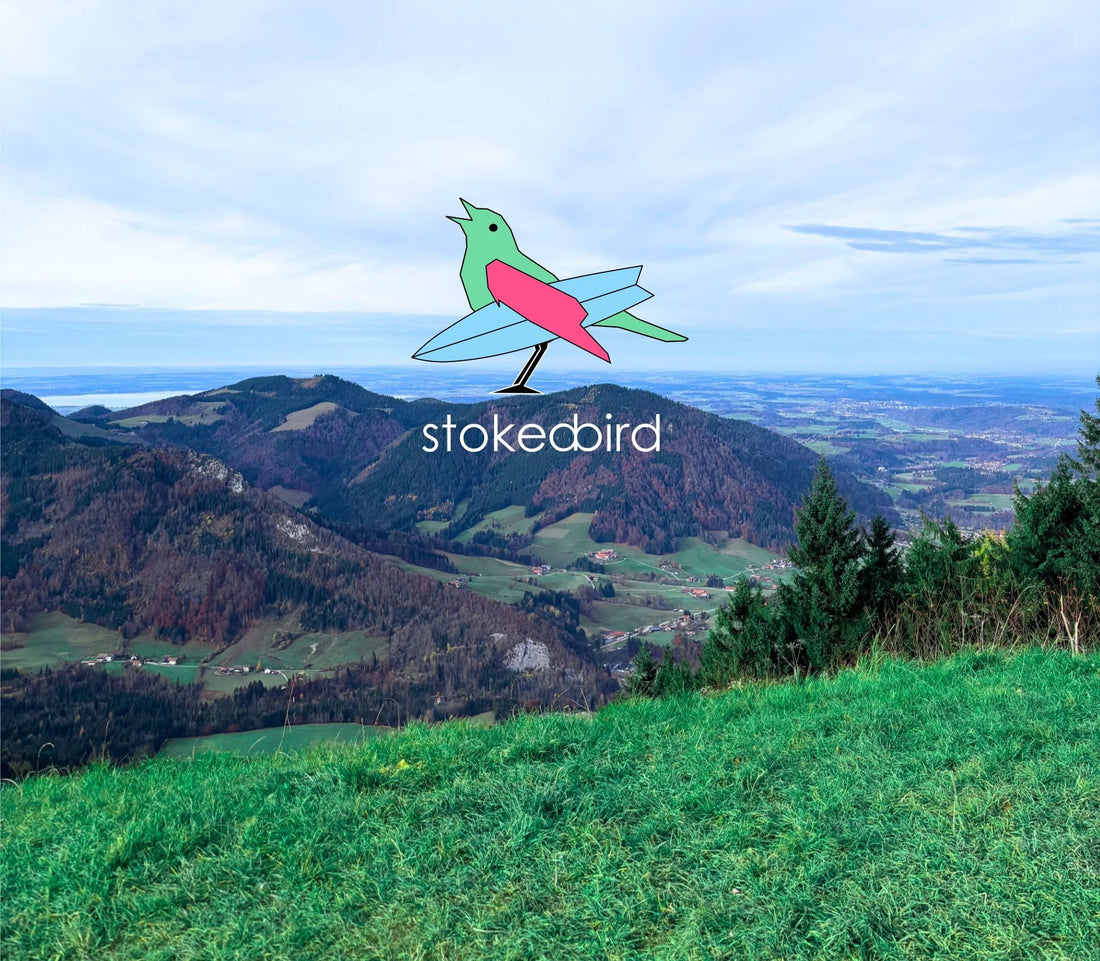 Unternehmensgründung in Deutschland: Wie baut man eine Brand auf? Unsere Erfahrung bei der Gründung von stokedbird. Bild zeigt das stokedbird Markenlogo vor einem Berg-Panorama in Bayern