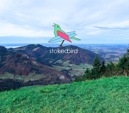 Unternehmensgründung in Deutschland: Wie baut man eine Brand auf? Unsere Erfahrung bei der Gründung von stokedbird. Bild zeigt das stokedbird Markenlogo vor einem Berg-Panorama in Bayern